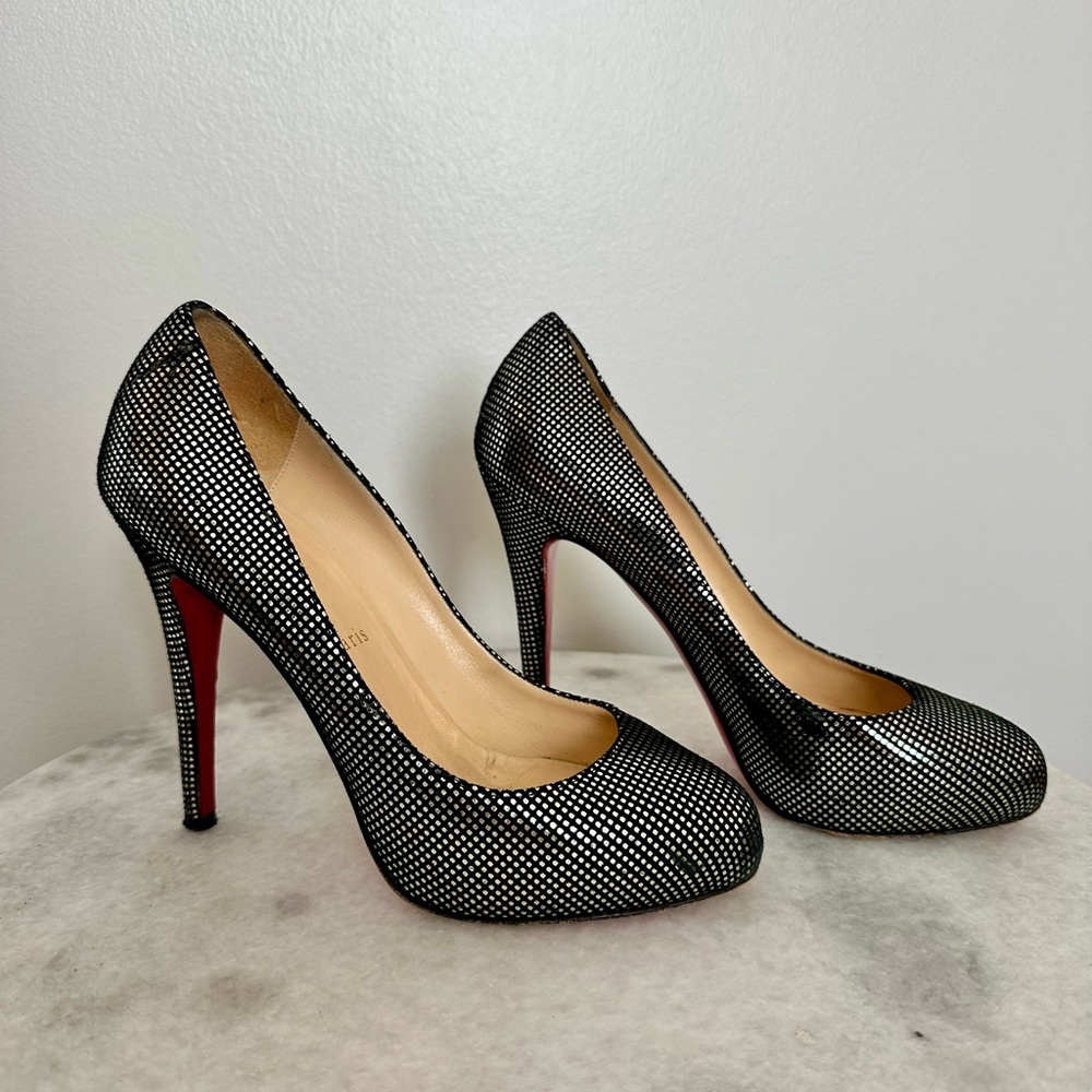 Christian Louboutin Black Suede with Metallic Silver Polka Dots Pumps